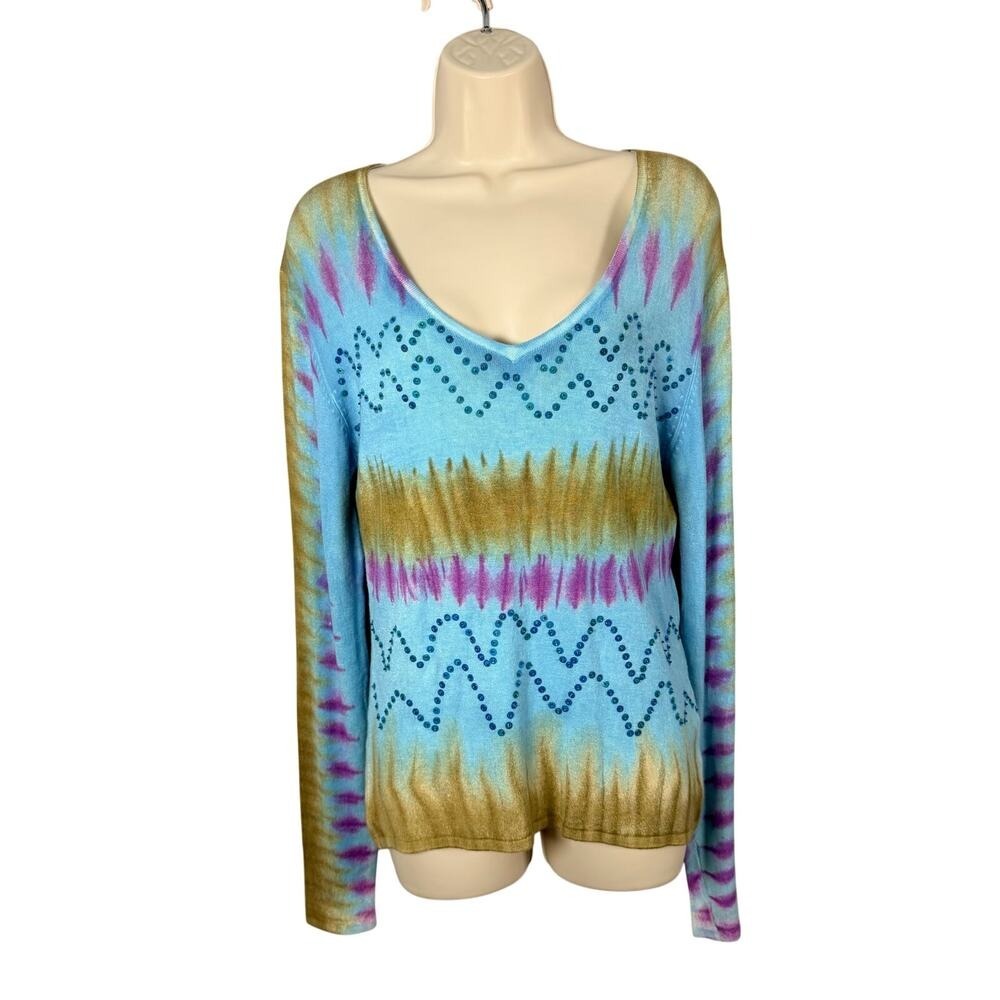 Louise FD Sweater Top S/M Blue Tie Dye Sequin Vneck Silk Wool Funky Hippie Artsy